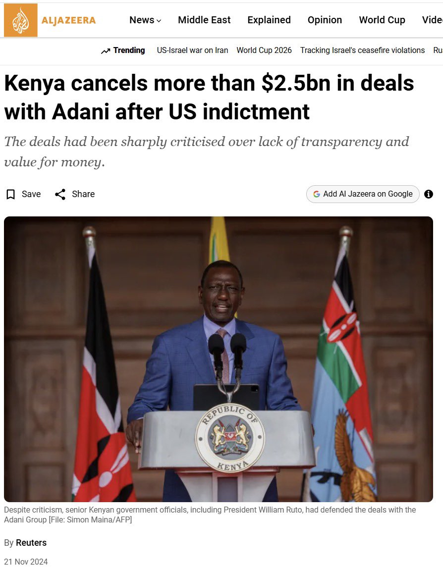 StringReveals's tweet photo. Adani had offered nearly $2 billion to upgrade Nairobi’s Jomo Kenyatta International Airport under a 30-year concession model. The proposal faced protests, court cases, and political opposition in Kenya.

In November 2024, President William Ruto cancelled the deal, citing integrity concerns triggered by the US indictment of Gautam Adani.

Those US charges have now been closed by the Department of Justice for lack of conclusive evidence. (Thread 2/4)