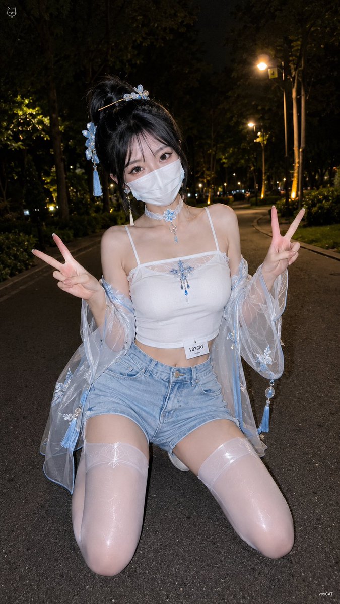 VoxcatAI's tweet photo. 夜晚公园小路手机闪光灯抓拍，一位成年女性跪坐在路中央，正面对镜头，双手剪刀手，黑色高盘发，精致眼妆，白色口罩，白色细肩带短上衣，浅色牛仔短裤，半透明薄纱外套，白色光泽丝袜。近距离直闪光照亮人物，背景树木、灌木和昏黄路灯压暗，强烈前景主体与夜景反差，真实手机夜拍质感，竖版构图，低机位略俯视，广角透视，人物居中，脸部清楚，社交媒体随拍感，画面干净清晰，手部自然准确，左上角极小 V猫logo，右下角极小 voxCAT 签名，吊牌 VOXCAT。