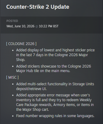 scmmapp's tweet photo. New CS2 Update Released!

You can now filter stickers by lowest and highest price in the shop and move multiple items in and out of your storage units! https://t.co/5Nz25zcivh
