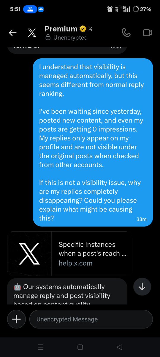 cryptowithher's tweet photo. @elonmusk You should see such bad customer support that the link doesn't even open. I understand it is automated but how can my replies get vanish without any spam behaviour, I am worried since yesterday. My reply disappears from the post I am posting on and is only visible on my profile.
