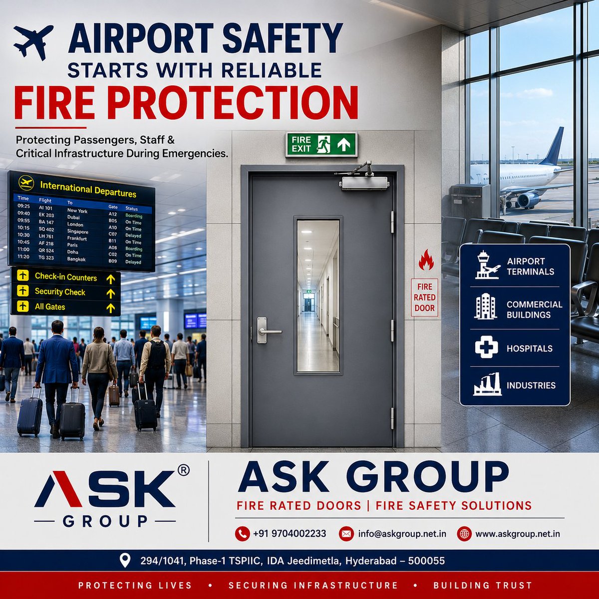 askgroupdoors's tweet photo. ASKGROUP Fire Rated Doors are designed to safeguard passengers, staff, and critical airport infrastructure during emergencies. Built for strength, durability, and compliance, our doors help ensure safe evacuation routes while seamlessly integrating into modern airport environment https://t.co/j7y49kjFoh
