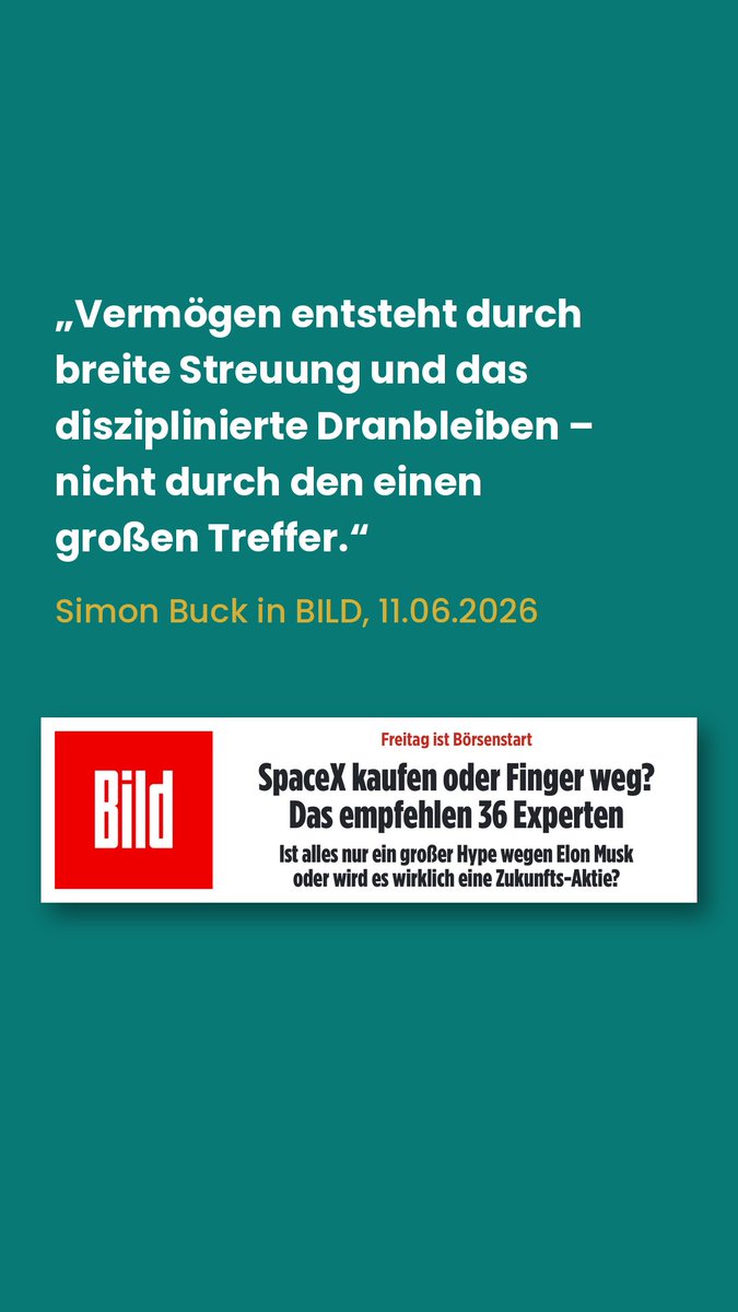SIMON_BUCK's tweet photo. Die @BILD wollte wissen, was ich vom SpaceX-Börsengang halte. Meine Antwort überrascht Euch vermutlich nicht.

Das Buch zur Anlagephilosophie überall im Handel: „Stecknadel oder Heuhaufen. Einfach investieren in einer unübersichtlichen Welt.“

#SpaceX https://t.co/jNN4WZaZcb