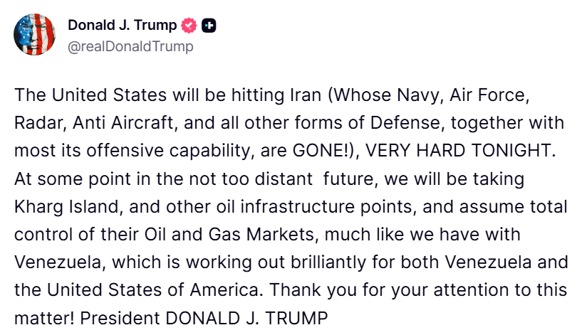solidintel_x's tweet photo. INTEL: Trump says the US will hit Iran “VERY HARD TONIGHT,” and threatens future action against Kharg Island and other oil infrastructure to take control of Iran’s oil and gas markets https://t.co/aLLcioD4ZT