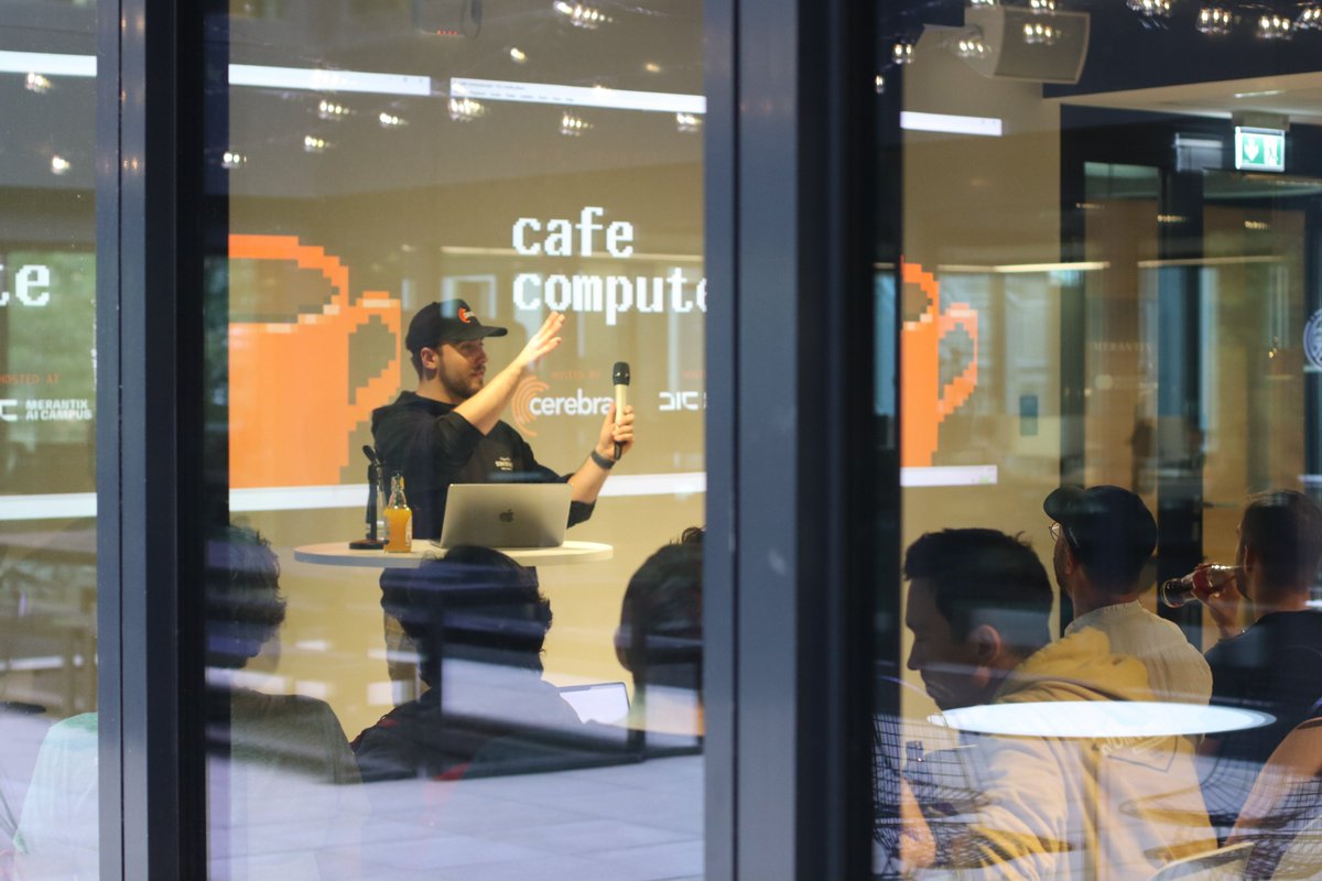 maxjendrall's tweet photo. Yesterday I organised Europe’s first community Cafe Compute with @cerebras in Berlin!

We had over 200 signups and ~80 people join us to talk about fast inference and running frontier intelligence at the speed of 1000+ tokens per second.

Special thank you for Cerebras and @communidiyi for entrusting me with the Ambassadorship and @WigetJanette with @aicampusberlin for hosting us and helping me organise this evening.

In the first half we had Zigfrid (Solutions Architect at Cerebras) join us and answer all the questions we had about what they do and how their chips work.

And in the second half we had great demos from the community:

@slobkebap presented a real time GenUI flow to build UI in realtime by talking to it using @OpenAIDevs's realtime v2 api combined with Cerebras GLM-4.7

@SpringStreetNYC presented his autonomous AI research lab experiment in which he tried to teach a small model to ask great questions on the level of frontier models.

Hoang Minh showcased how he finds vulnerabilities in big OSS projects very fast and helps patch them.

And my personal favourite demo that night: @leolurch, who showed us his machine learning pipeline to find lost art pieces on auction platforms. Basically face recognition but for art, to recover potentially stolen or simply lost art from the last centuries. 

I had so many cool chats and am glad that so many very talented people showed up.

Thank you everyone for coming!

And thank you so much @0xSero for sharing the event!