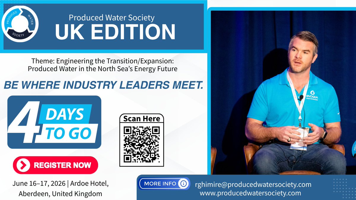 _producedwater's tweet photo. The countdown is on. ⏳
In just 4 days, industry leaders will gather in Aberdeen for the Produced Water Society UK Edition 2026.

From technical innovation to practical solutions, this event is where the produced water community comes together to shape the future of the North Sea energy sector.
🎯 Theme: Engineering the Transition/Expansion: Produced Water in the North Sea’s Energy Future
📅 June 16–17, 2026  
📍 Ardoe Hotel, Aberdeen, UK  

Don’t miss your chance to connect, learn, and lead.
🔗 Register now scan the QR code or visit    https://t.co/hWhDHZNkTo
📧 rghimire@producedwatersociety.com
#ProducedWaterSociety #EnergyIndustry #NorthSeaEnergy #WaterManagement #AberdeenEvents #EngineeringInnovation
@_stevecoffee @icelisglobal @Xylem