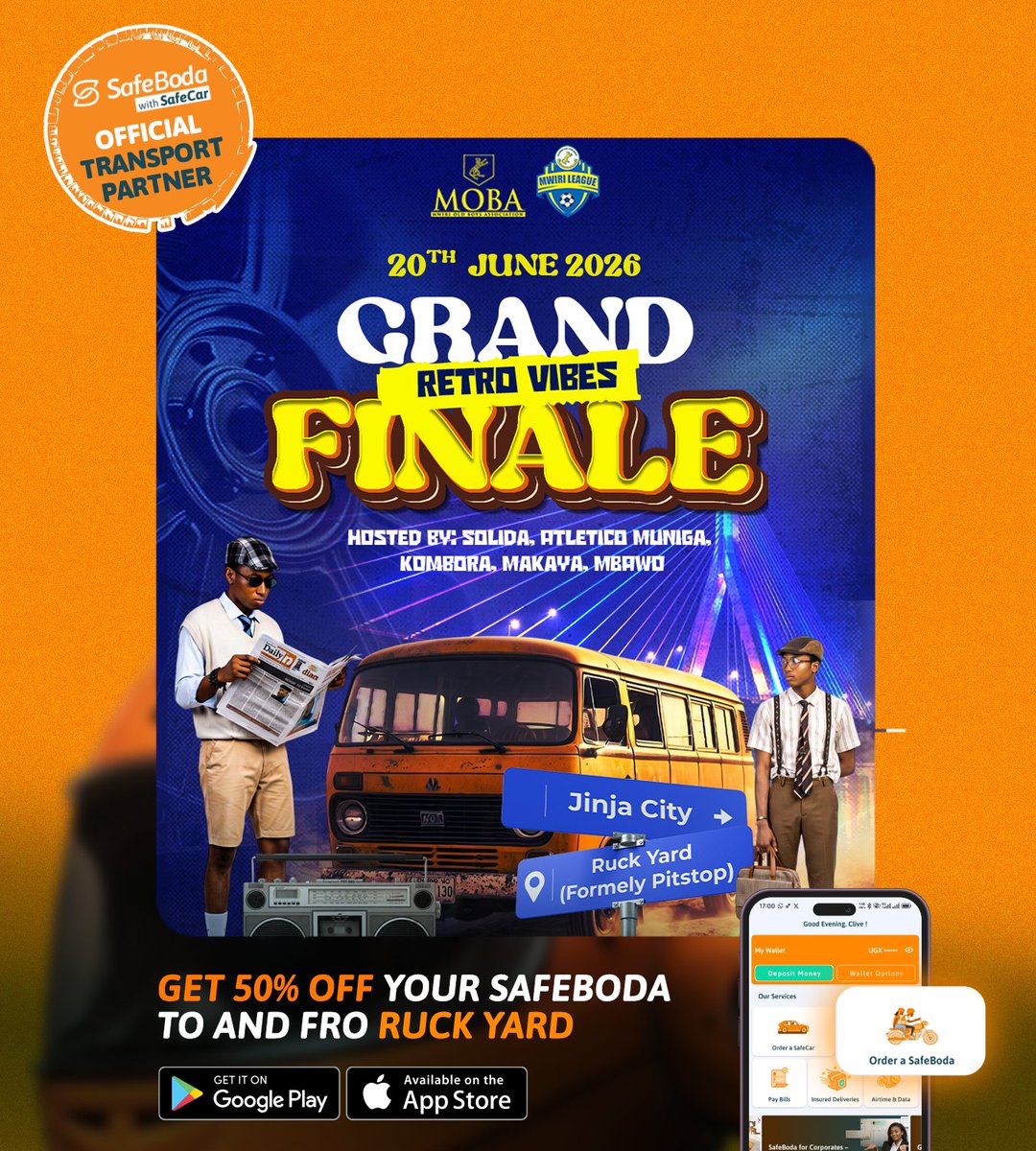 SafeBoda's tweet photo. The retro wave is getting louder 📻🚌

@MwiriLeague Grand Finale is almost here — and Ruck Yard is about to feel different 🧡

No stress on movement, SafeBoda has your back.

📍 Jinja City | 20th June https://t.co/eAQfGEUekI