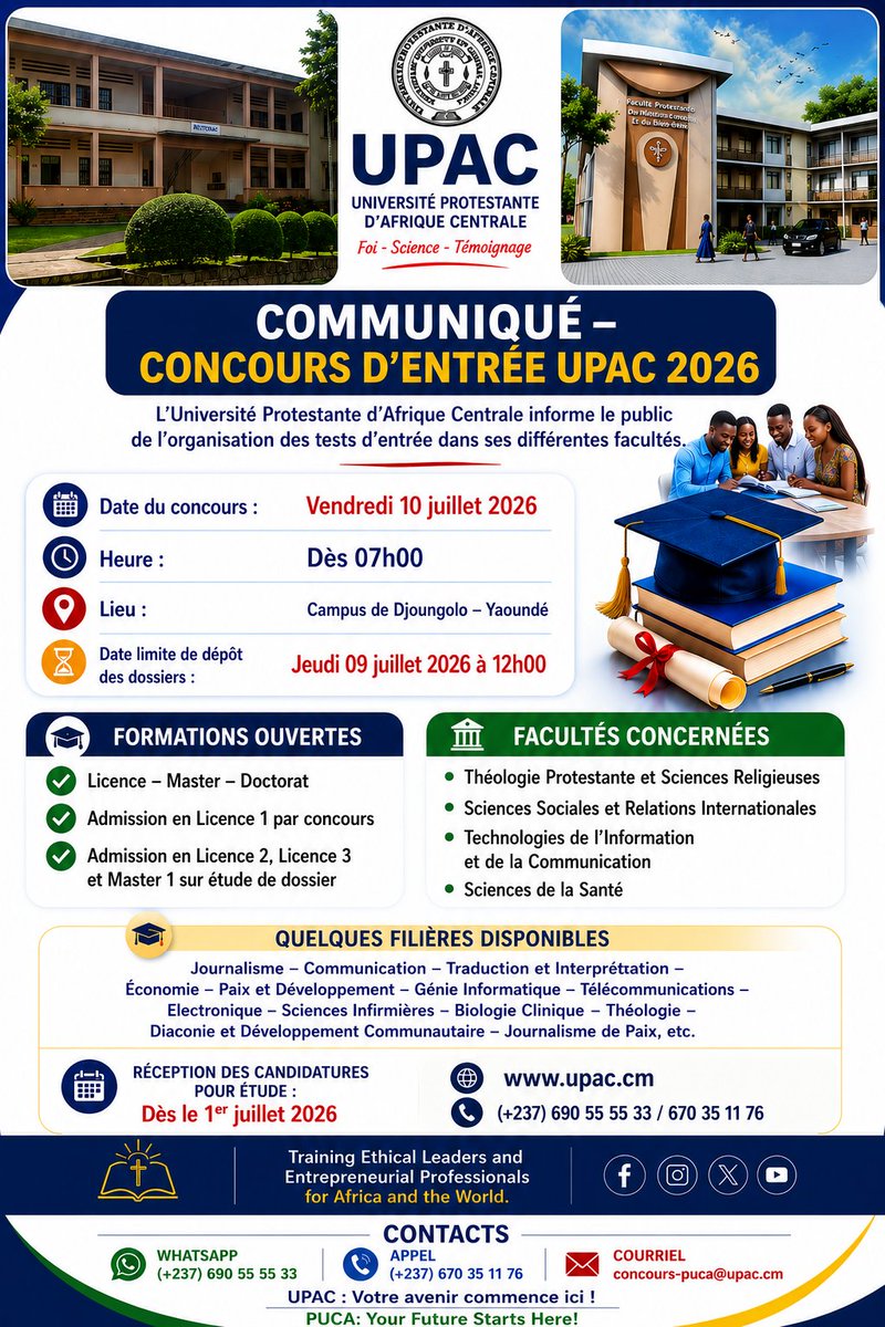ComUpac's tweet photo. CONCOURS D'ENTREE EN 1ère ANNEE DE LICENCE DANS LES DIFFERENTES FILIERES DES 4 FACULTES DE L'UPAC ET D'ADMISSIONS SUR ETUDE DE DOSSIER POUR LES NIVEAUX INTERMEDIAIRES POUR LA RENTREE ACADEMIQUE 2026/2027 https://t.co/u0oCDhPm4l