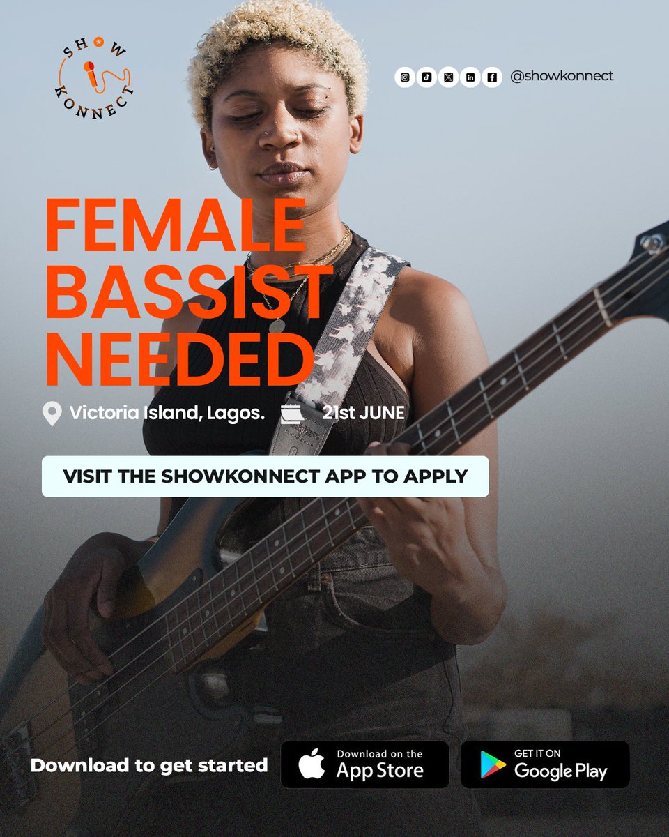showkonnect's tweet photo. NEW JOB ALERT!

We are looking for a female bassist with experience in gospel and contemporary music.

To apply, complete your profile on the ShowKonnect app and upload your performance videos.

Only shortlisted candidates will be contacted.

#ShowKonnect #JobAlert #Music #Jobs https://t.co/UdDxvQgyLS