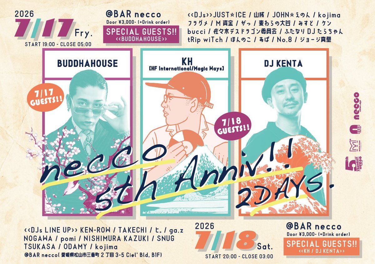 shbttsy74's tweet photo. 【祝 #necco5周年 ！】
集まるDJの顔ぶれを見るだけでも、いっぱい愛されているハコなのが改めてわかります。いつもお世話になってる恩返し。楽しいパーティのひとときを。 #necco 

日時：2026年7月17日（金）19:00〜5:00
会場：@bar_necco（愛媛県松山市三番町2-3-5）
料金：¥3,000-（ドリンク別） https://t.co/SPl927utrt