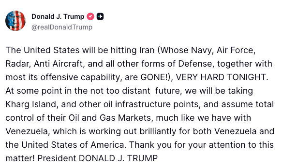 FoxNews's tweet photo. BREAKING: President Trump says the U.S. will hit Iran ‘VERY HARD TONIGHT,’ claiming the regime’s Navy, Air Force, radar, air defenses and much of its offensive capability are completely “GONE.”

Trump also floated taking Kharg Island and other oil infrastructure points, saying the U.S. would “assume total control” of Iran’s oil and gas markets.

The statement marks a sharp escalation as tensions remain centered on Iran’s military infrastructure, oil exports, and the Strait of Hormuz.