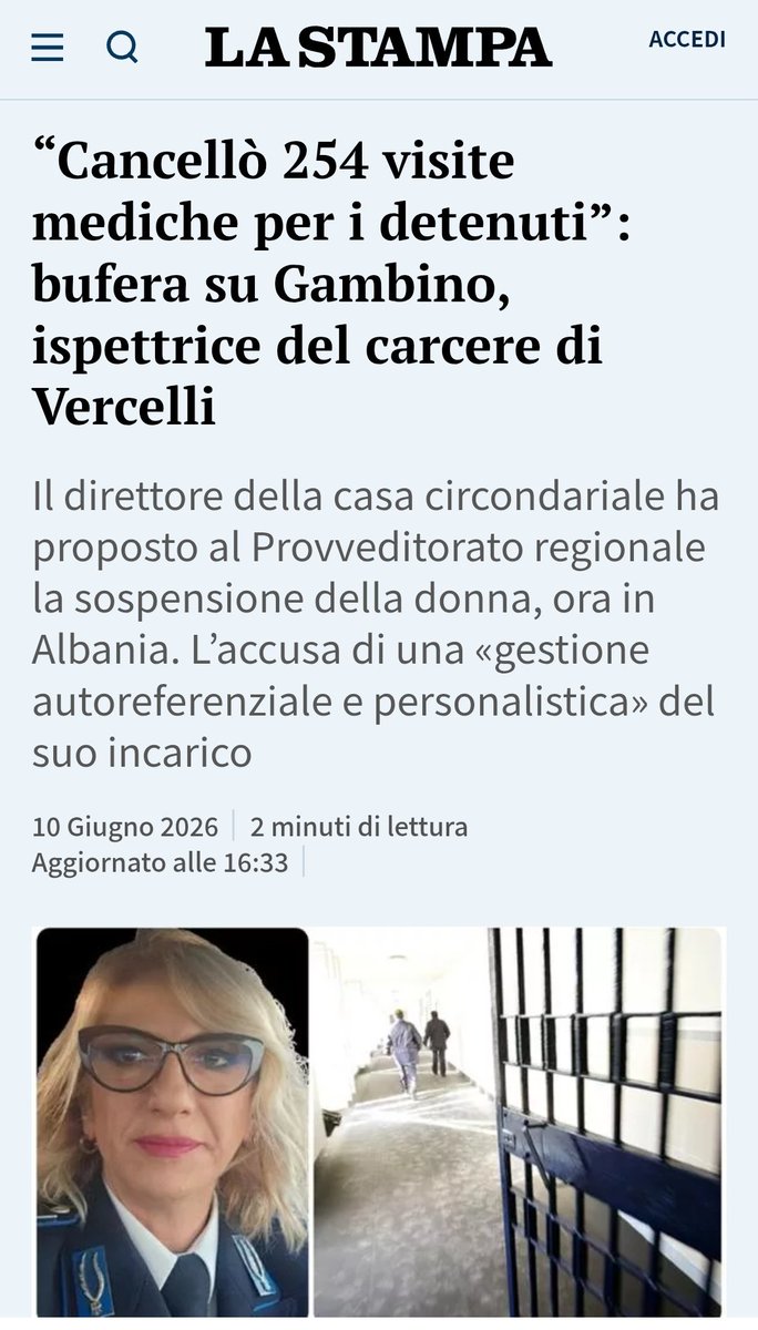 40acresandamu's tweet photo. Giuseppina Gambino, direttore del carcere di Vercelli.
Si sarebbe assegnata molte ore di straordinario, bruciando tutto il budget. Per rientrare, cancella 254 visite mediche per i detenuti.
Fa fare una visita a un poliziotto per vedere se era gay.
Dov'è ora?
Nel canile in Albania https://t.co/4K9IsDrt0w