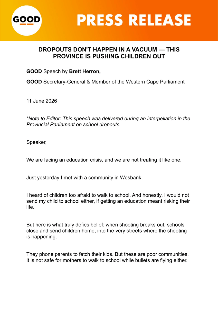 ForGoodZA's tweet photo. How do we have both a dropout crisis and a placement crisis at the same time? Every month a child spends out of school increases the likelihood they will never return. And the Western Cape Education Department still cannot tell us how much capacity exists across the system, making effective planning nearly impossible.

#BrettHerron #GOODParty #WCED #Education
