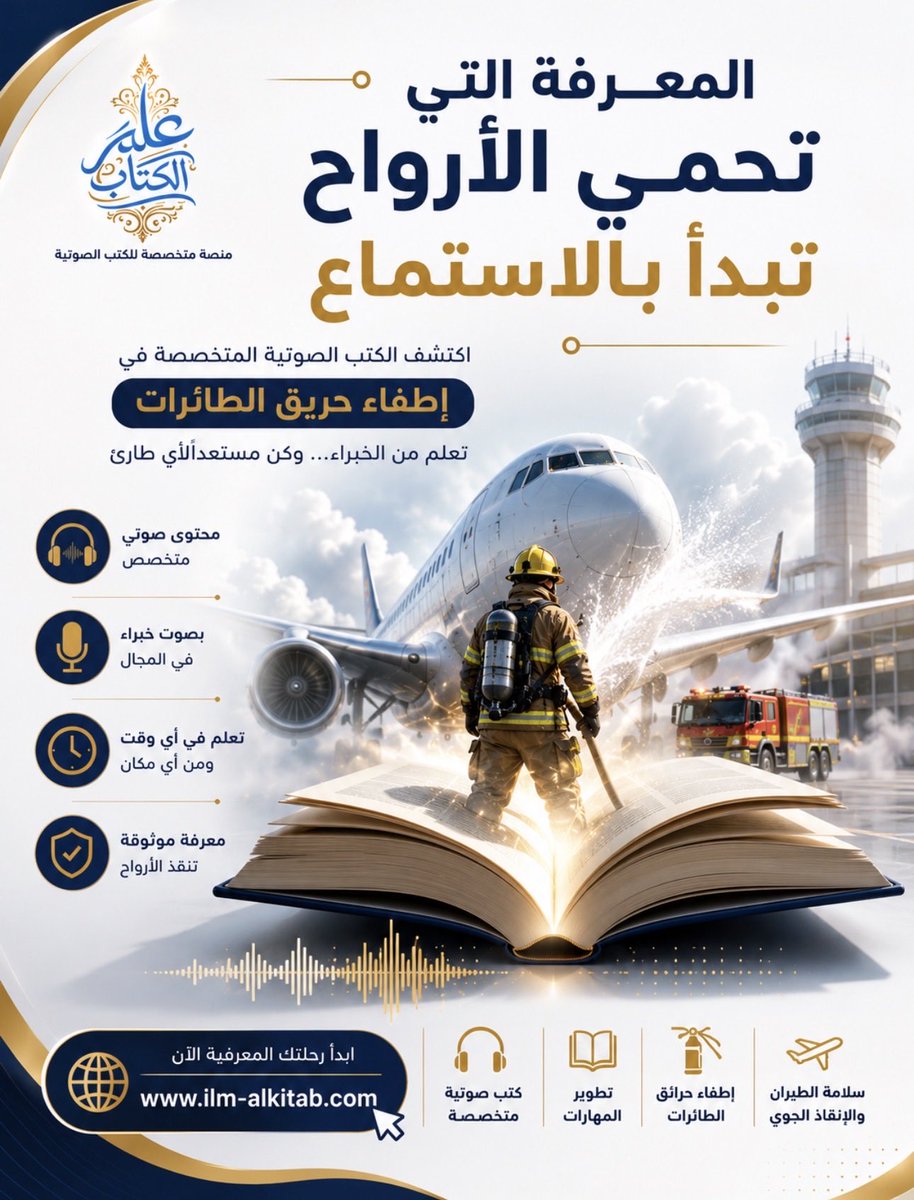 ilmalkitab's tweet photo. المعرفة التي تحمي الأرواح تبدأ بالاستماع. استمع إلى أفضل الكتب الصوتية المتخصصة في إطفاء حريق الطائرات وتعلم أساليب مكافحة الحرائق والإنقاذ الجوي وإدارة الطوارئ من خلال محتوى احترافي مصمم للعاملين في المطارات والدفاع المدني. https://t.co/e9eNRcCTef #إطفاء_حريق_الطائرات #الدفاع_المدني #الطوارئ #كتب_صوتية #علم_الكتاب