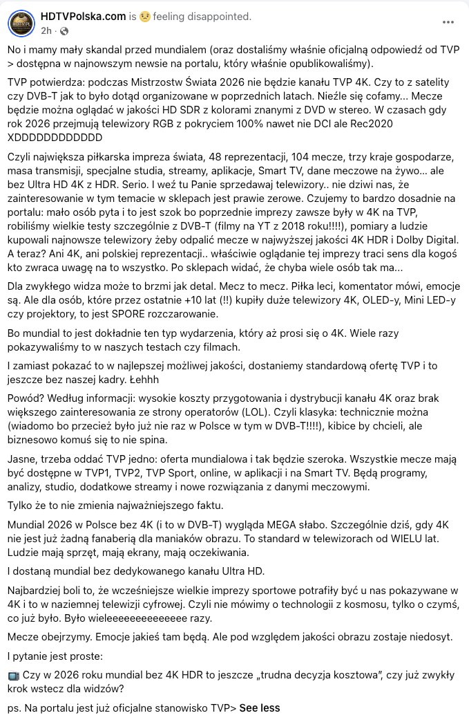 Juliuszk's tweet photo. To jest naprawdę żenujące. Kolejny raz (wcześniej ostatnie EURO) będziemy oglądali mundial w starym HD (jakość jak z DVD), gdzie powszechnie w domach stoją telewizory 4K, z HDR i innymi wodotryskami. Nie wiem, czy pamiętacie, ale mundial 2022 był emitowany w 4K przez telewizję naziemną DVB-T. Skok jakości był kosmiczny. Ale cofamy się w rozwoju, bo zapewne wyjdzie taniej. źródło: @GmeruPL