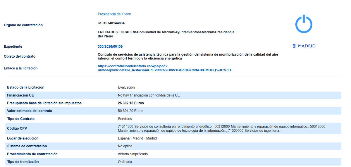 SoyMmadrigal's tweet photo. Dice Ayuso que la climatización de los colegios es cosa de los Ayuntamientos, y que es que se ha adelantado el calor
Debe ser por eso que el 28 de Abril el Ayuntamiento de Madrid lanzó este contrato para... su pleno https://t.co/u9cXCtvKKX