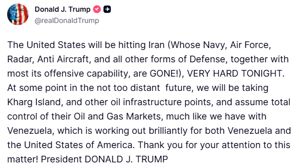 silvertrade's tweet photo. 🚨TRUMP: THE UNITED STATES WILL BE HITTING IRAN VERY HARD TONIGHT 

🚨“WE WILL BE TAKING KHARG ISLAND AND OTHER OIL INFRASTRUCTURE”

📉Gold &amp; silver are tanking again thanks to Trump’s tweet… https://t.co/2IKac3Ivyg