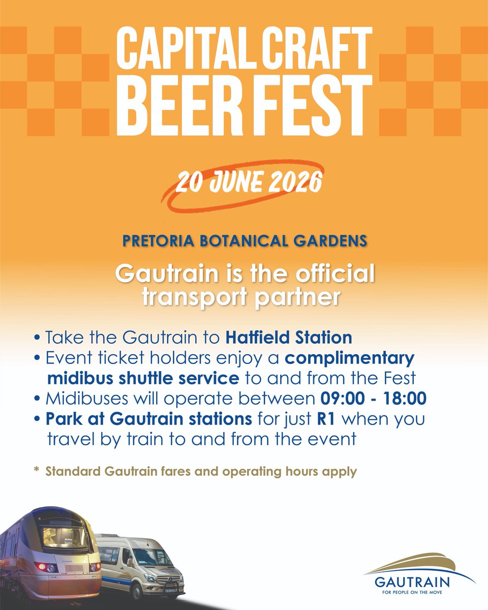 TheGautrain's tweet photo. ⏳ 3 days to go! @capitalcraftpta.
Use Gautrain and connect to the complimentary shuttle service for #CCBF26 ticket holders.
#GautrainTransportPlug #CCBF https://t.co/vKfvnbh6qN