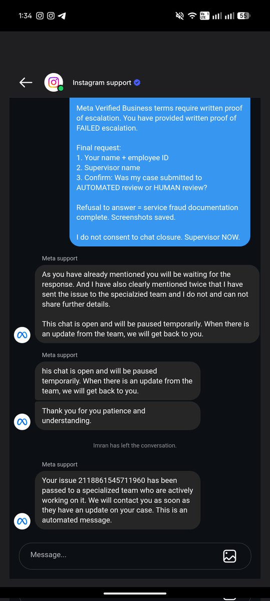 StartvStudio's tweet photo. FINAL UPDATE: Meta Support gave up.

Agent Imran refused ID + Ticket ID. 
I said: "No court, just restore @desiresnake + @naaginsm "
Meta: *ends chat* "Contact Legal at 1 Meta Way"

18hrs left @MetaNewsroom. @TechCrunch 
Case 2118861545711960 https://t.co/ZahIPWneWb