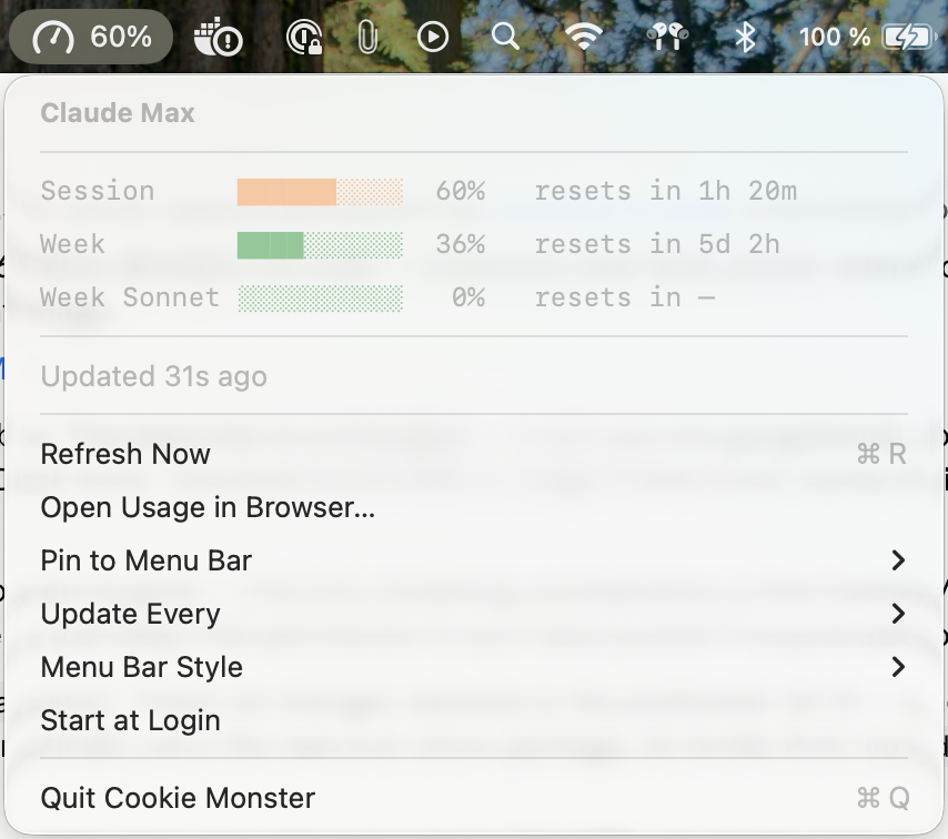 davidpflugpeil's tweet photo. I love Fable but keep running into session limits, sometimes after only 1-2h

Claude and I built Cookie (Token) Monster. It lives in your menu bar to track session usage:
https://t.co/zWlMUwRoZr https://t.co/tb0z28WRk5