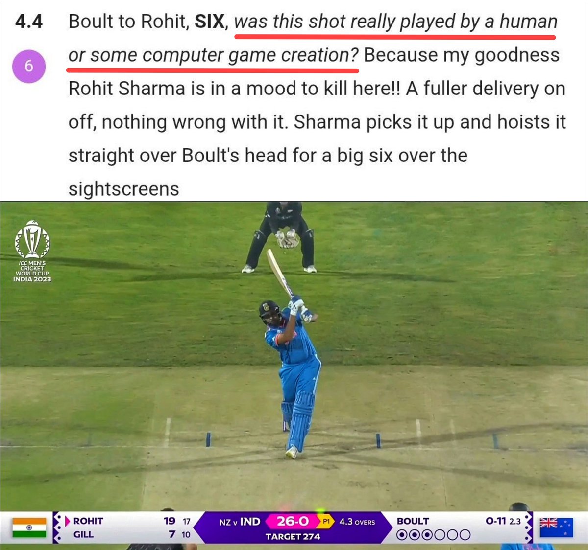 was_Rohitfy's tweet photo. Six was so goated that even Cricbuzz couldn't resist itself from elevating it like this. https://t.co/Z1g30WSr6w