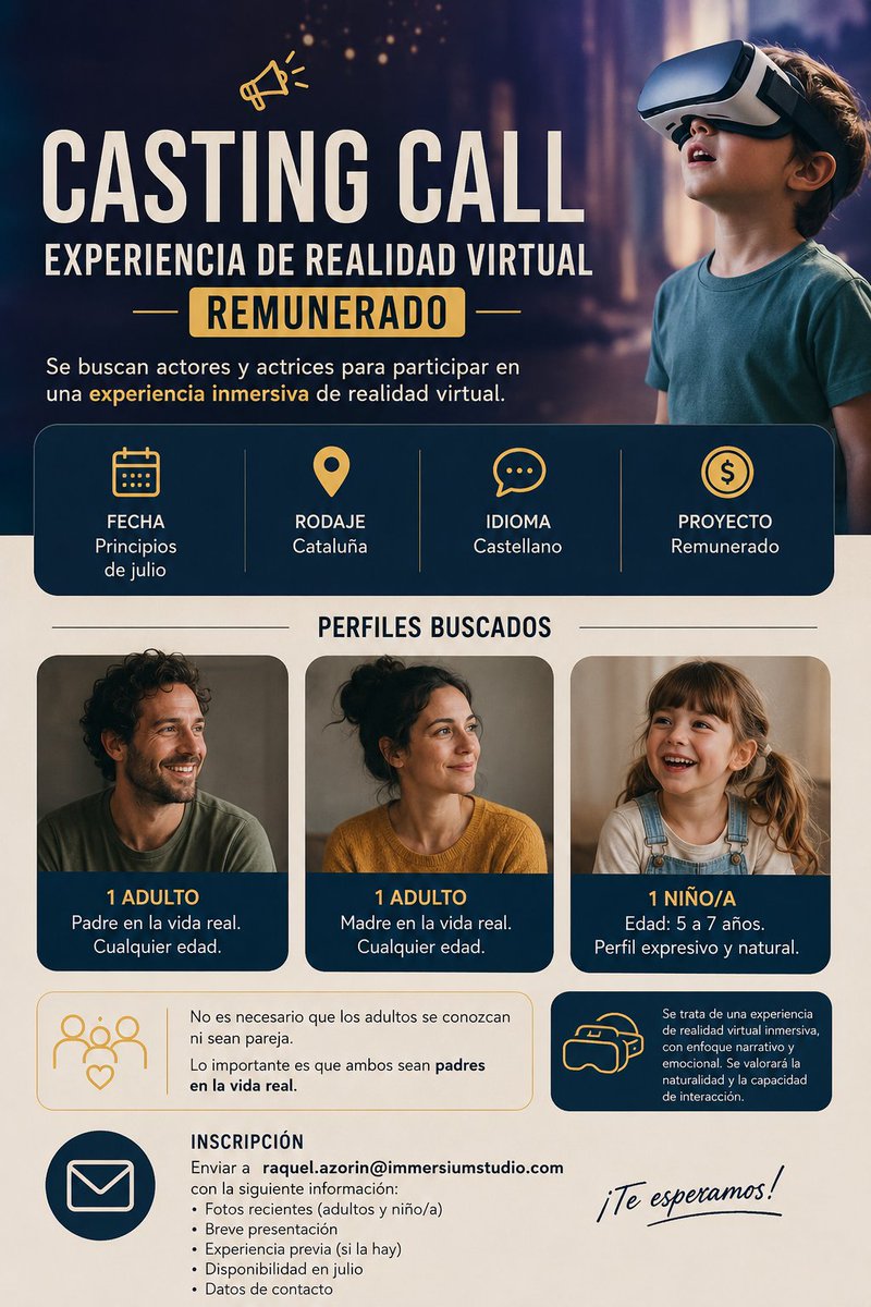 ImmersiumStudio's tweet photo. 📢¡Casting! Buscamos 2 adultos, 1 niño/a
👨‍🦱Hombre: Padre en la vida real, cualquier edad
👩‍🦰Mujer: Madre en la vida real, cualquier edad
👧Niño/a: 5 a 7 años

📅 Principios julio
📍Provincia Barcelona
🗣️Idioma: Castellano

#Casting #Actor #Actriz #Barcelona #ParentalidadPositiva https://t.co/OQIIn3lrSK