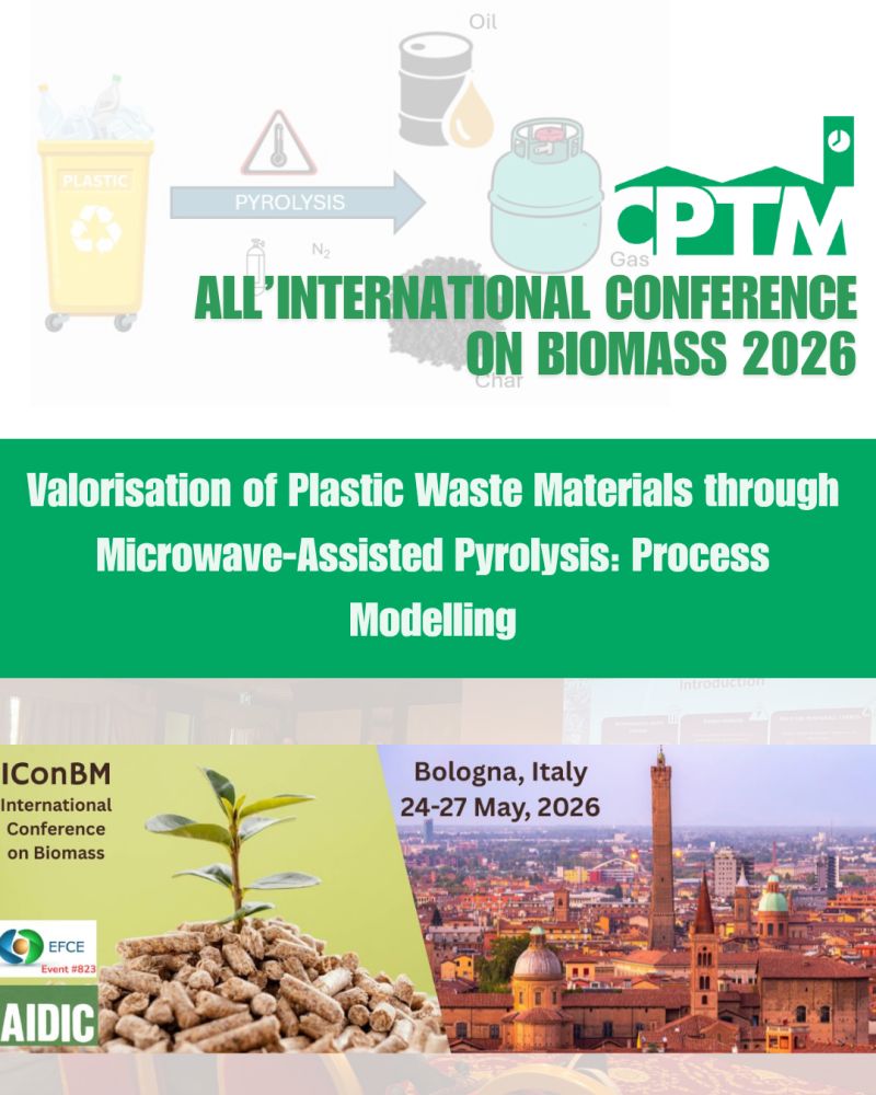 PoloMagona's tweet photo. #IConBM2026 (Bologna, 24–27 maggio): presentato un lavoro basato sulle sperimentazioni condotte da CPTM sulla pirolisi a microonde di miscele plastiche/biomasse.
🔬 Il modello sviluppato ha l'obiettivo di valorizzare il gas di pirolisi per produzione di energia elettrica. https://t.co/pFFMXY3rZj