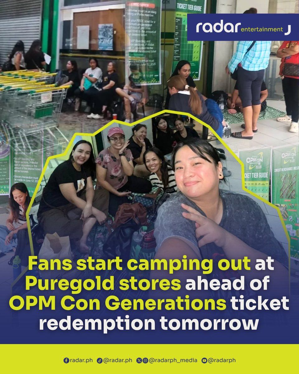 radarph_media's tweet photo. The race for Puregold OPM Con Generations tickets has officially begun. As early as 2 p.m. today, fans started showing up at participating Puregold branches, turning store entrances into makeshift campsites hours before ticket redemption officially opens on June 13.

Eager supporters of SB19, Ben&Ben, Flow G, Skusta Clee, Alamat, G22, KAIA, SunKissed Lola, and Xonara were spotted gathering outside select Puregold stores, determined to secure their preferred concert sections ahead of what many expect to be a highly competitive redemption day.

Among the branches where campers were already beginning to assemble were Puregold Cubao, QI Central in Quezon City, Fairview Terraces, Taytay in Rizal, and Anabu-Imus in Cavite.

Armed with folding chairs, snacks, power banks, and overnight essentials, many fans chose to spend the night near the stores rather than risk missing out on tickets to one of the year’s biggest OPM events.

The excitement centers on Puregold’s ticket redemption activity, which begins Friday. Through qualified grocery purchases, Aling Puring and Perks members can redeem free tickets to Puregold OPM Con Generations, set for July 11 at the Araneta Coliseum.

Now on its third year, the annual retailtainment spectacle will bring together some of the country’s biggest music acts on one stage, including SB19, Ben&Ben, Alamat, Flow G, Skusta Clee, SunKissed Lola, G22, KAIA, and Xonara.

Under the promo mechanics, members must first secure a queueing number corresponding to their preferred ticket section before completing their purchases. Once the required minimum spend is met, members may proceed to the redemption booth to claim their tickets.

With limited allocations available per store and ticket category, fans are taking no chances.

For many supporters, particularly those eyeing VIP Standing and Patron tickets, the overnight wait has become part of the experience itself—a chance to share excitement with fellow fans even before the concert begins.

Participating redemption branches include Taytay, Rizal; Biñan, Laguna; Anabu-Imus, Cavite; Valenzuela; QI Central, Quezon City; Cubao, Quezon City; Fairview Terraces, Quezon City; Tayuman, Manila; Parañaque; Kalentong, Manila; Q. Plaza, Cainta; and San Pedro, Laguna.

If the growing queues are any indication, OPM Con Generations fever has officially arrived.

#radarPH