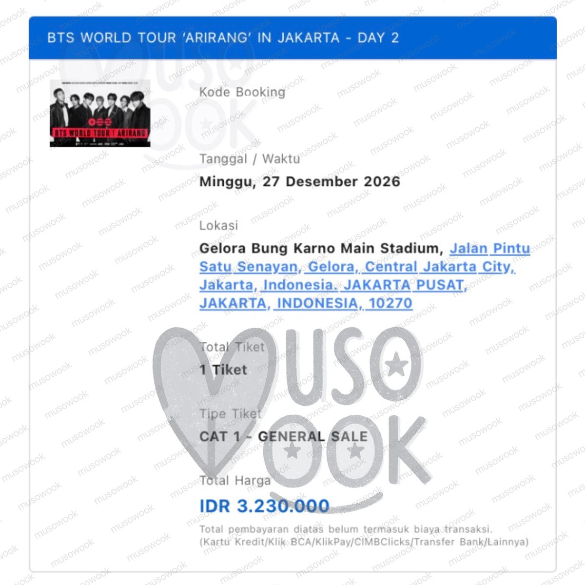 musowook's tweet photo. #musowooktiket proof jaswar tiket gensale general sale ticket bts world tour arirang in jakarta jkt
DAY 2
1 tix cat 1
3 tix cat 2
4 tix cat 3 https://t.co/srQUgtB3BL