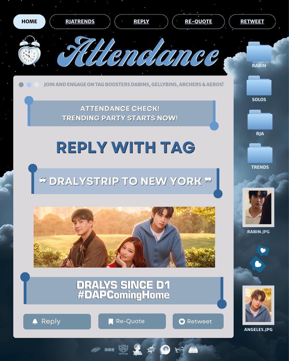 RJATRENDSOFC's tweet photo. Attendance Check Dabins, Archers, Aeros, Geluvs, Zekeians and Gellybins! 

Comment “ DrAlysTrip To New York ” five times with the official tagline and hashtag if you’re excited for Dating Alys Perez with Rabin, Angela and Zeke today!

DRALYS SINCE D1
#DAPComingHome https://t.co/kRW1vRvbjc