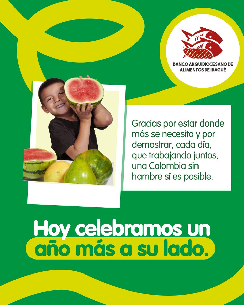 Abacocol's tweet photo. Hoy, celebramos el aniversario del Banco Arquidiocesano de Alimentos de Ibagué 🎉

 Gracias por mantenerse firmes en esta misión, por seguir fortaleciendo desde Ibagué el propósito de toda la red. 💚 https://t.co/yE9KZ21CCY