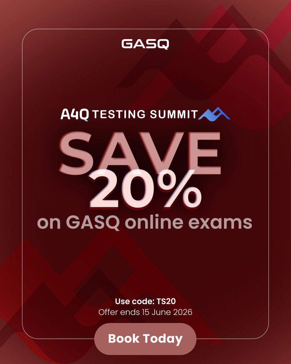 gasq's tweet photo. Only 5 days left to save 20% on GASQ online exams! 
Use code:  TS20. 
Offer ends June 15, 2026. 
Book now: https://t.co/hHYxnSDIOE 

(All online exams except IREB AI4RE and TMAP)
#SoftwareTesting #ISTQB #GASQ https://t.co/wVcrm3qm1v