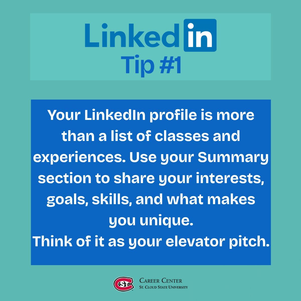 SCSUCareer's tweet photo. Your LinkedIn Summary is one of the first places people learn about you. Take a few minutes to make sure your profile reflects your goals, strengths, and interests.
#SCSU #CareerCenter #LinkedInTips #Huskies https://t.co/DlqYL8bm9M