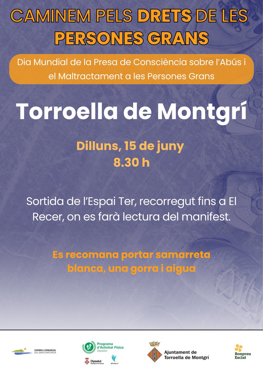 AjTorroella's tweet photo. 🚶‍♀️💜 Caminem pels drets de les persones grans 💜🚶‍♂️

Amb motiu del Dia Mundial de la presa de consciència sobre l'abús i el maltractament a les persones grans, us convidem a participar en una caminada i acte de sensibilització per reivindicar -ho. 

👉 https://t.co/DImgzKmTaq https://t.co/1s0Ekr6D38