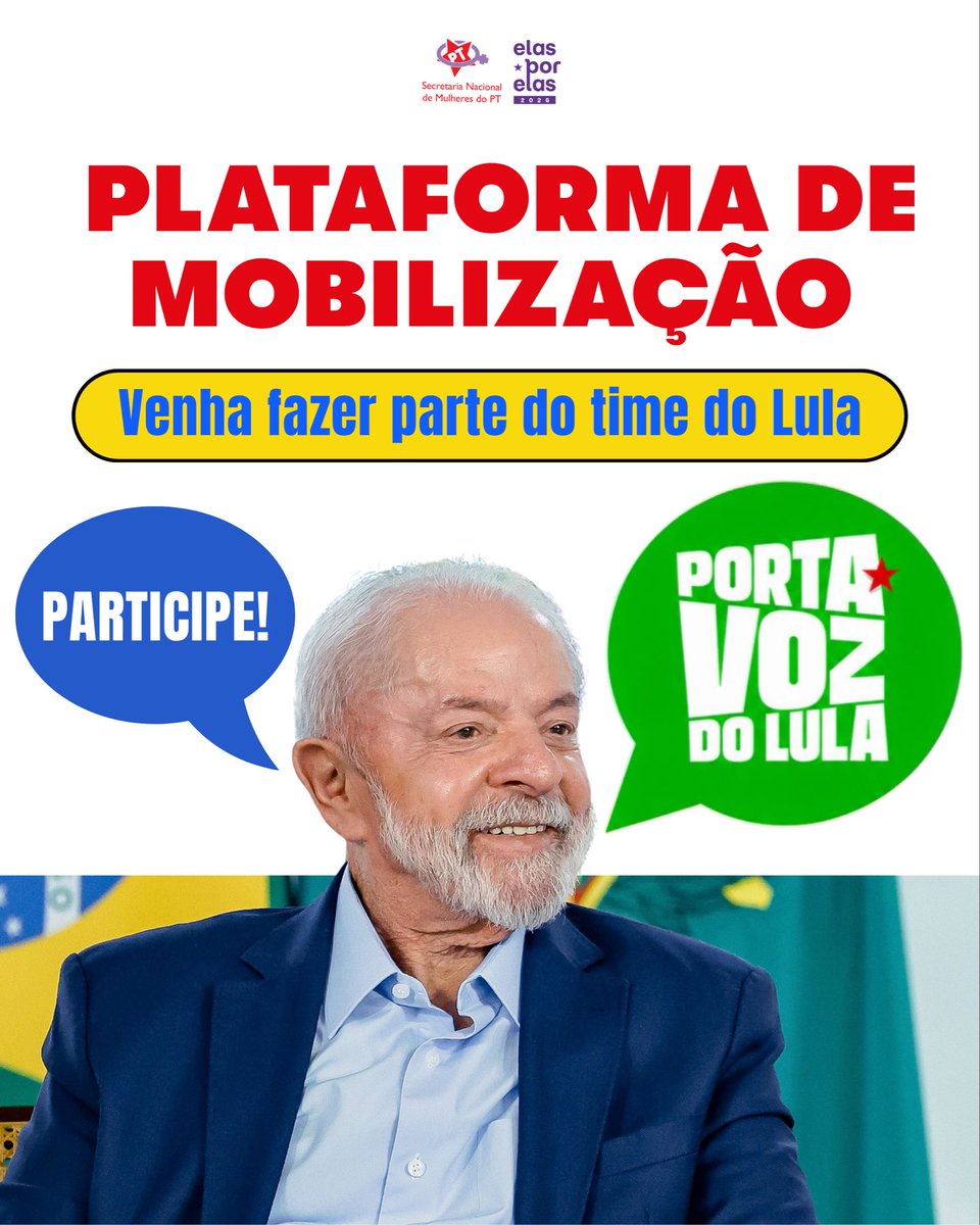 MulheresPT's tweet photo. Seja um Porta-Voz do Lula! Na hora de defender a verdade, as nossas vozes precisam falar mais alto do que as Fake News!
Voltada para o público em geral, a página https://t.co/SclIf1G6kS lançada pelo PT é uma plataforma múltipla criada para ampliar a presença progressista nas redes, com conteúdo informativo e para apoiar participantes no contraponto rápido às fake news da extrema direita.