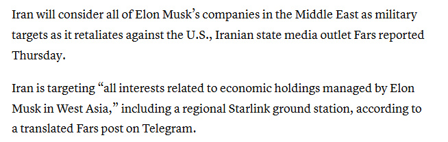 neilsethinew's tweet photo. Iran said it is targeting “all interests related to economic holdings managed by Elon Musk in West Asia,” including a regional Starlink ground station, according to a translated Fars post on Telegram.

https://t.co/HPHiYGIbyw https://t.co/zSBC5nv8Wl