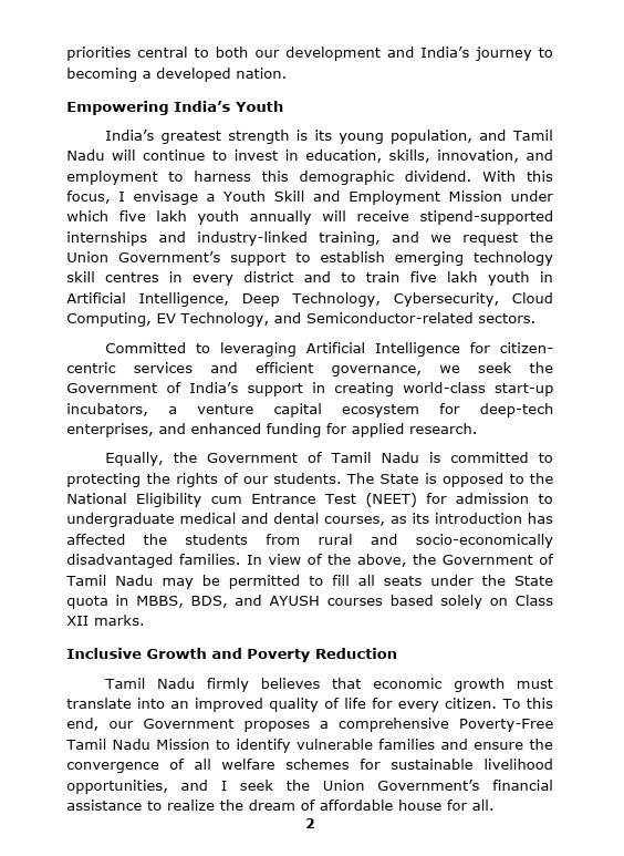 ANI's tweet photo. In the Eleventh Governing Council Meeting of NITI Aayog, Chief Minister of Tamil Nadu C. Joseph Vijay says, "Tamil Nadu wholeheartedly supports the nation’s aspirations and firmly believes that a developed India can be built only through empowered States, cooperative federalism, and inclusive development. The people of Tamil Nadu have entrusted our Government with a historic mandate founded on transparent governance, social justice, inclusive growth, youth empowerment and equitable development, and we remain committed to working constructively with the Union Government while firmly safeguarding the interests and aspirations of Tamil Nadu. Despite global uncertainties, Tamil Nadu, India’s secondlargest economy, continues to demonstrate resilience and sustained growth. The State is working to become a 1.5 trillion dollar economy by 2036, reflecting the strength of our diversified economy and the productivity of our workforce, and underscoring our commitment to a Developed India by 2047. This vision is anchored on four pillars, Youth, the Poor, Women and Farmers and Tamil Nadu’s priorities are closely aligned with each of them."