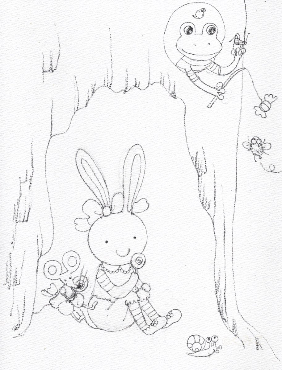 Simoo_Kumiko's tweet photo. 『うさぎちゃん』（下書き）
木のあなで　ちょっと　アメちゃん　たべよう。
＃絵本　＃うさぎちゃん　＃ホスピタルアート https://t.co/pMWDqkj81k