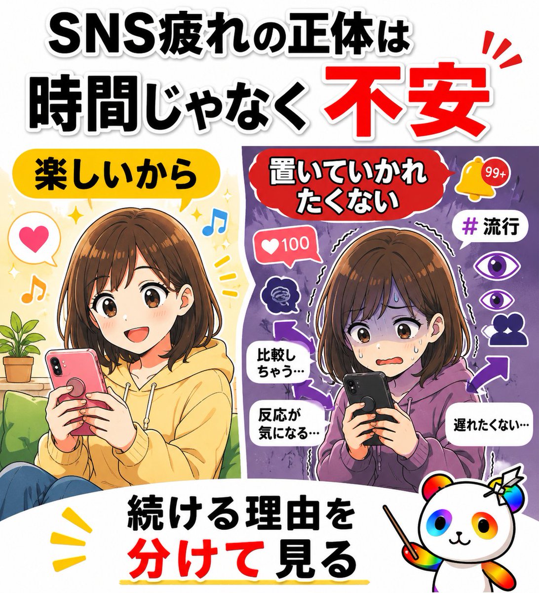 CryptoSamurai77's tweet photo. 楽しいはずなのに、なぜか疲れる。

報道では、Z世代の間で
SNSから一度離れる
「アテンション・デトックス」が広がっているそうです。

理由は、スマホの見すぎだけじゃない。

友達の投稿と比べる。
いいねの数が気になる。
流行に遅れると、会話に入れない。

これ、若者だけの話ではないと思う。

仕事でも同じで、
本当は必要ないのに
「みんなやってるから」で続けていることがある。

発信、LINE、会議、付き合い、流行の商品。

人は好きだから続けるだけじゃない。
置いていかれたくなくて、続けてしまうこともある。

次に見るべきはこれ。

それは自分が選んでいるのか。
不安に選ばされているのか。