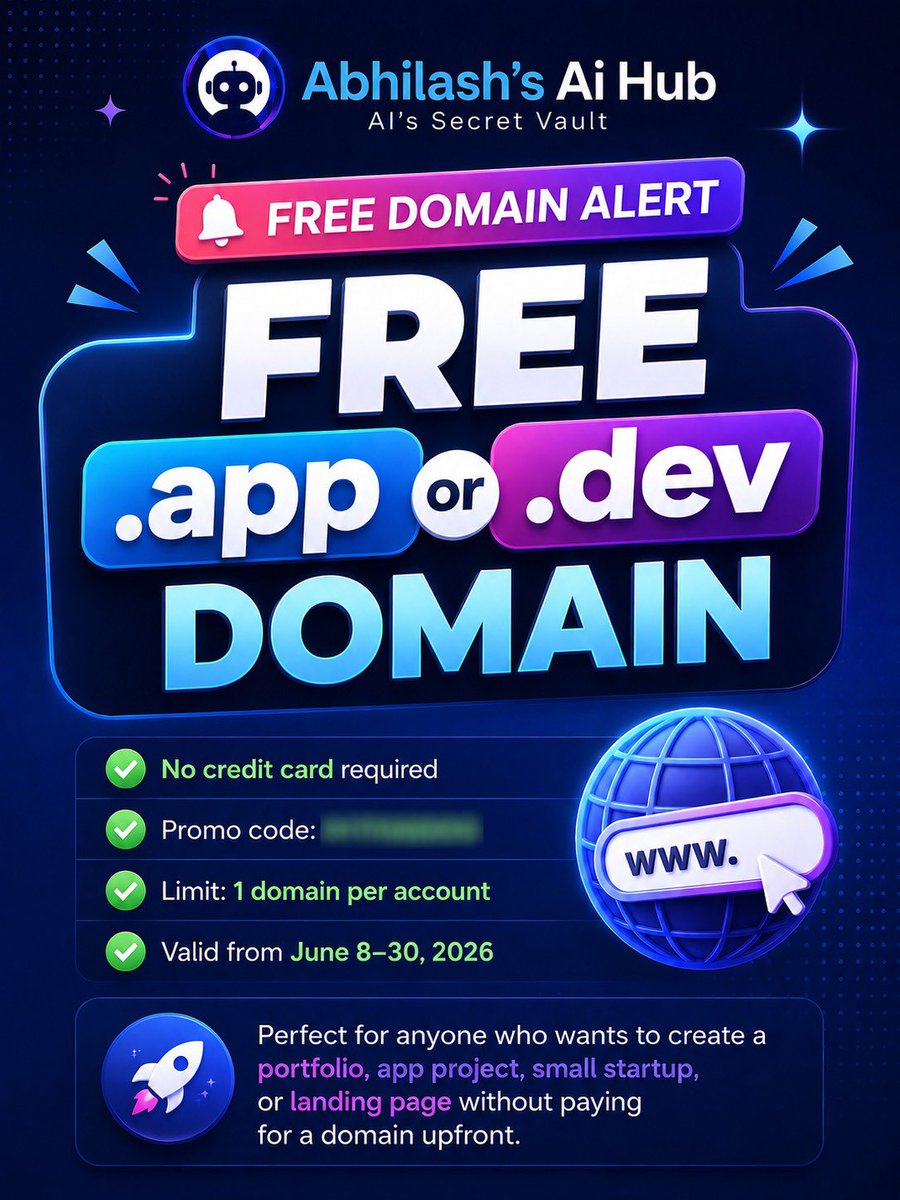 MahalaAbhilash's tweet photo. 🚨 𝗙𝗥𝗘𝗘 .𝗮𝗽𝗽 / .𝗱𝗲𝘃 𝗗𝗼𝗺𝗮𝗶𝗻 𝗔𝗹𝗲𝗿𝘁 🚨

Building a portfolio, startup, app, or landing page?

🔒 Promo code is available exclusively inside Abhilash’s AI Hub.

Join India’s #1 Free AI Community👇

#ai #startup https://t.co/JAiFcuZPez