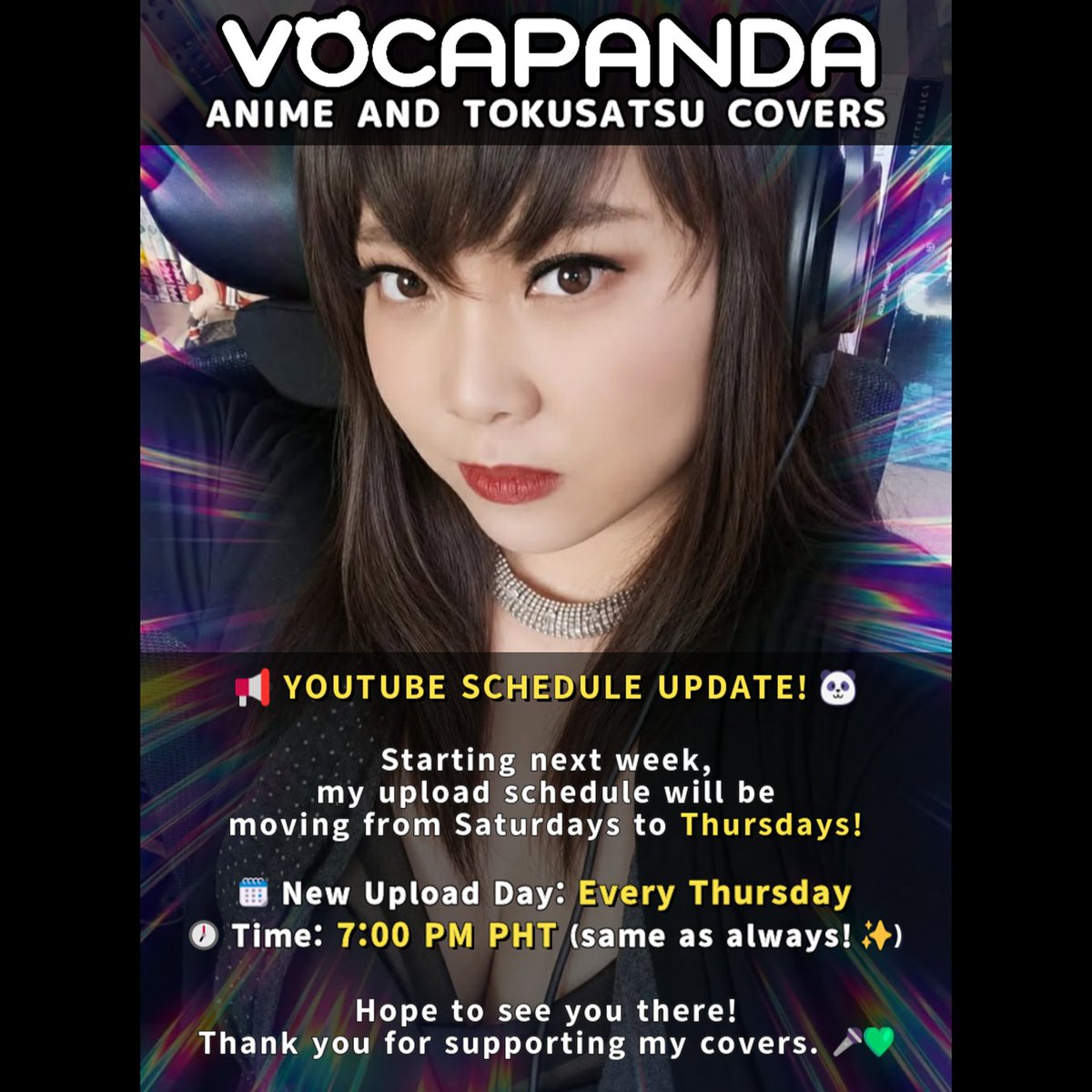 VocaPanda's tweet photo. YOUTUBE SCHEDULE UPDATE! 🐼

Starting next week, my upload schedule will be moving from Saturdays to Thursdays!

🗓️New Upload Day: Every Thursday
🕖 Time: 7:00 PM PHT (same as always! ✨)

Hope to see you there!
Thank you for always supporting my covers. 🎤💚 https://t.co/yhDDMhczzs