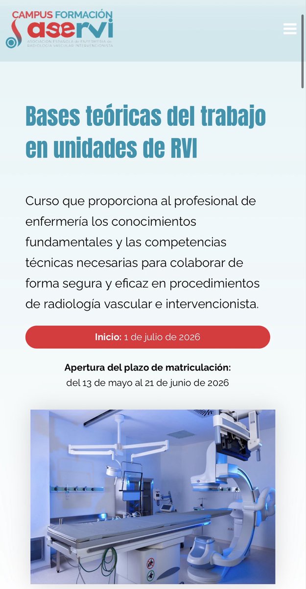 anagusi's tweet photo. Desde #AEERVI se está ofreciendo el primer curso para enfermería de RVI. A qué esperas? Plazas limitadas. https://t.co/3EiPFPu69R