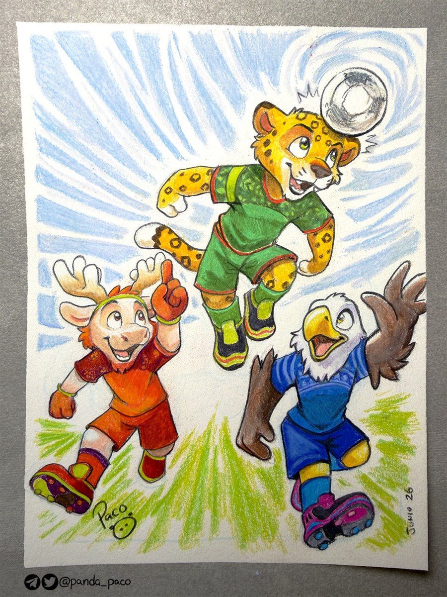 panda_paco's tweet photo. Since France ’98, I’ve followed every World Cup, and the mascots have always been one of my favorite parts.

Here are Maple (Canada), Zayu (Mexico), and Clutch (USA), drawn in colored pencils during my trip.

The original piece will be on display at Anthrocon’s Art Show! https://t.co/T3KKMxJK1y