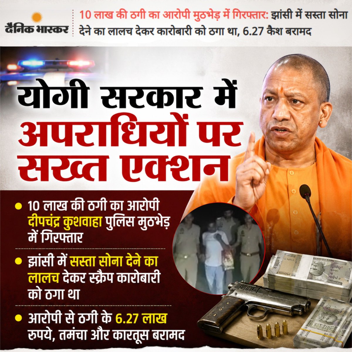 UP51_'s tweet photo. झांसी में ₹10 लाख की ठगी करने वाला शातिर ठग मुठभेड़ में गिरफ्तार! 

इंदौर के व्यापारियों को असली सोने का सैंपल दिखाकर ठगने वाले दीपचंद्र कुशवाहा को झांसी पुलिस ने बल प्रयोग कर दबोचा। 

आरोपी की फायरिंग का जवाब देते हुए पुलिस टीम ने उसे काबू किया ₹6.27 लाख की रिकवरी अवैध हथियार व कारतूस जब्त

योगी सरकार की जीरो टॉलरेंस नीति के तहत अपराधियों के खिलाफ सख्त कार्रवाई का सिलसिला लगातार जारी है।