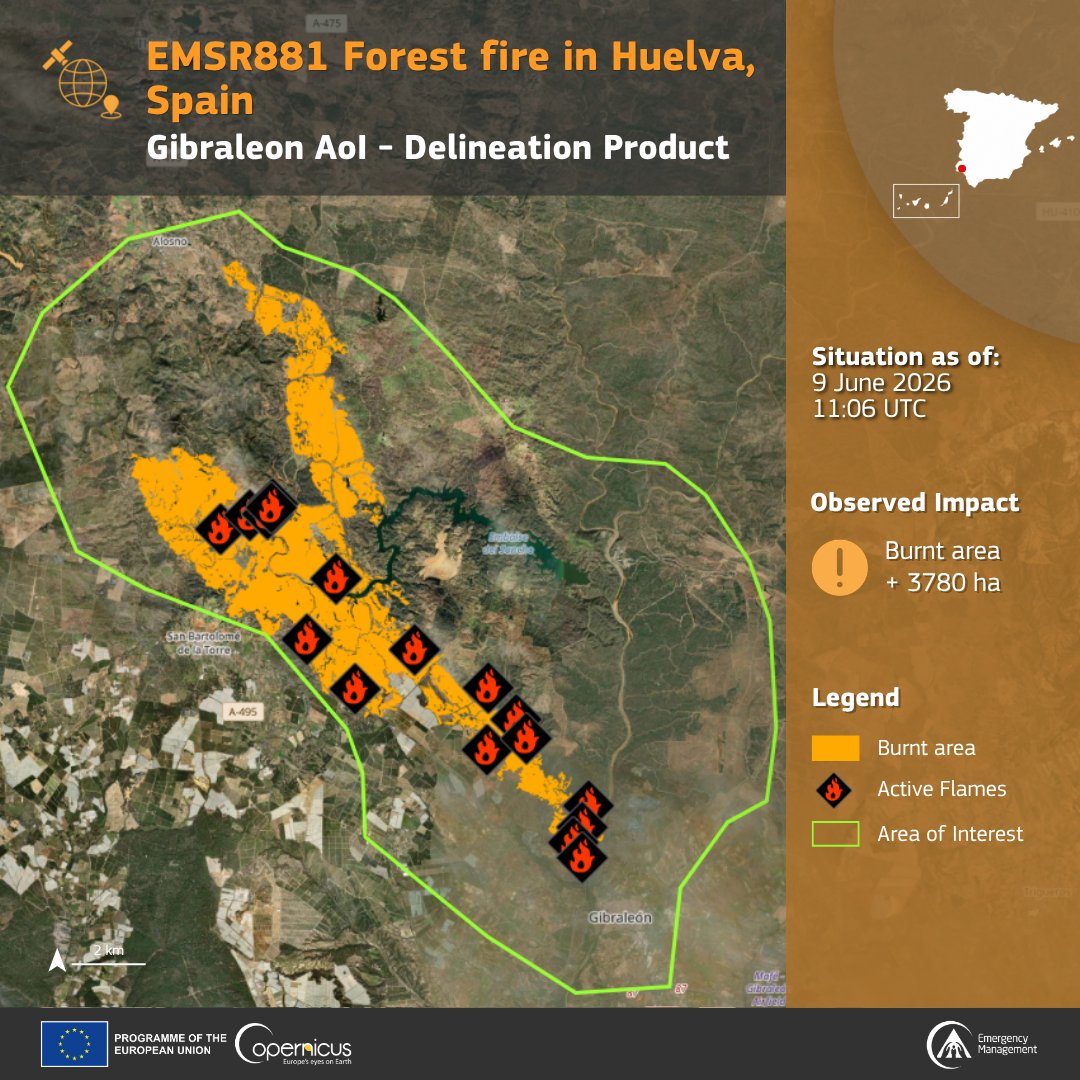 CopernicusEMS's tweet photo. ๐ฅ#EMSR881 #IFVillanuevaDeLosCastillejos
On 8 June, a #wildfire broke out in #Huelva province, #Andalucia, #Spain ๐ช๐ธ
Our #MappingTeam has been activated
A first Delineation Product has already been delivered, with a second one planned for later today
https://t.co/4VhOjkZ7Bk https://t.co/66Yzby6IkH
