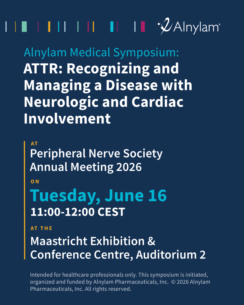Alnylam's tweet photo. Join our #PNS2026 medical symposium for expert perspectives on multidisciplinary diagnosis, monitoring and care of patients with #ATTR #amyloidosis with neurologic and cardiac manifestations. https://t.co/1ZSyiKMxXp

For healthcare professionals and registered congress attendees https://t.co/ycNBUUnFWc