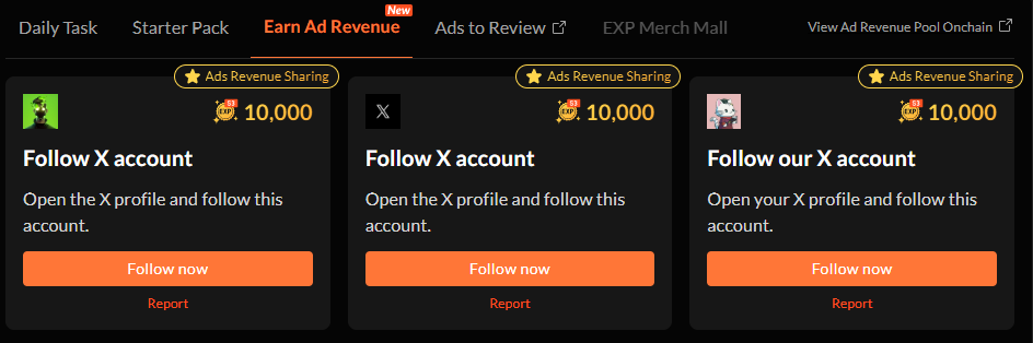 Kingsedex01's tweet photo. Three new Ad Revenue Task are live and up for grab.

10,000 EXP apiece = 30,000 EXPs.

Note: They're all time-limited 

BE QUICK WITH THE COMPLETION BEFORE IT DISAPPEARS. https://t.co/oNJzOs4BX5