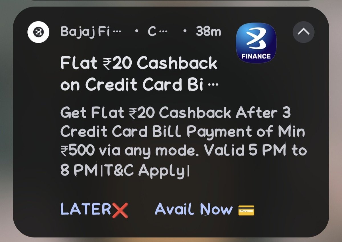 SahilKumar_6500's tweet photo. Ye mujhe aaj Notification mila tha  ki 5pm se 8pm ke bich me ₹500 ka 3 credit card ka bill bharne par ₹20 cashback milega par, maine ₹500 ka cc bill pay kiya tha 3 baar but mujhe cashback abhi tak nhi mila kyun? Jaldi se mera cb credit kiya jaye. @Bajaj_Finserv https://t.co/iv8pskvFNn