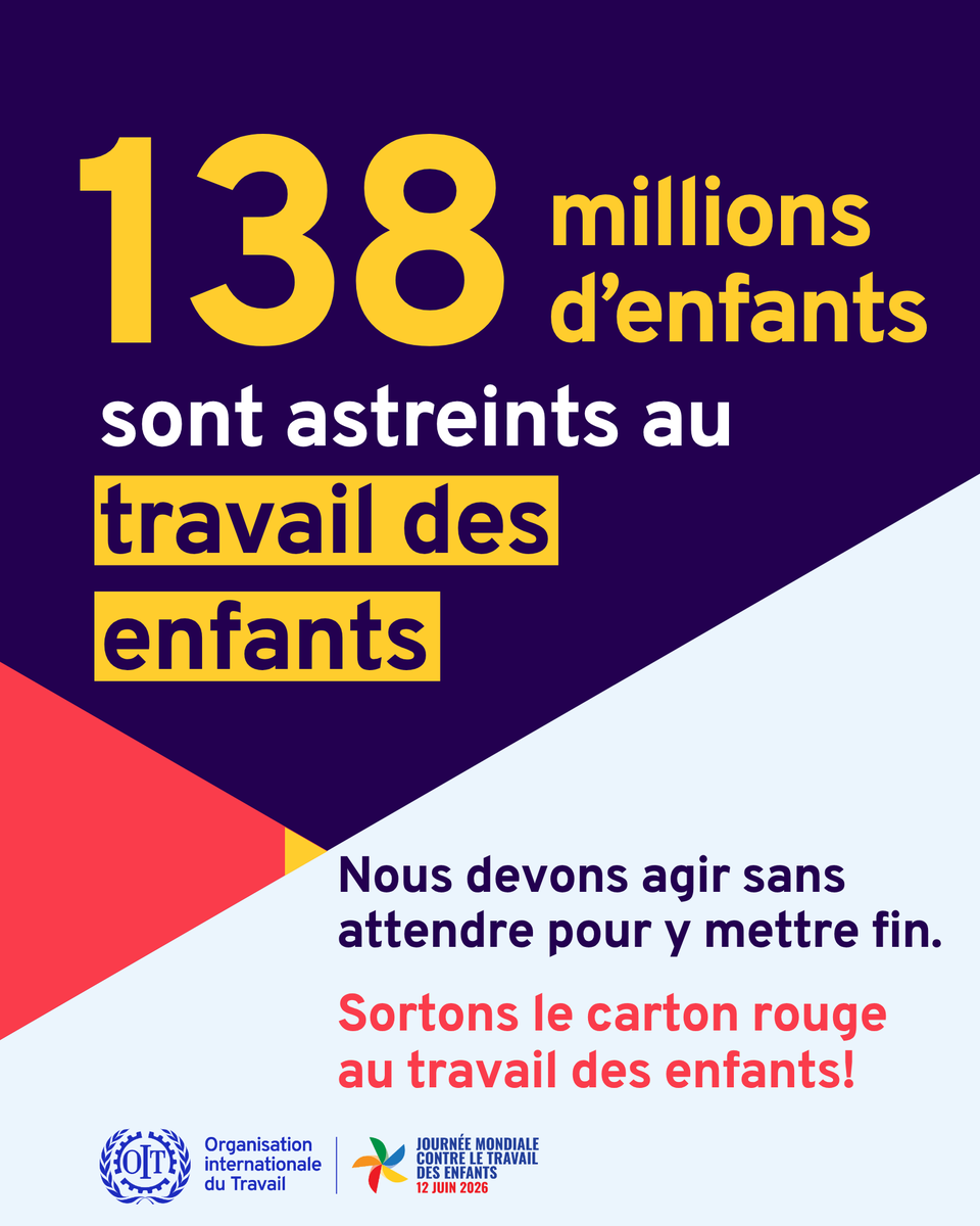 OITinfo's tweet photo. 🔴 138 millions d’enfants sont astreints au travail des enfants

↪️ Le travail des enfants recule mais trop lentement

💡 Solutions ? Éducation de qualité, protection sociale, lois fortes/appliquées❗

🟥 au travail des enfants : https://t.co/y8pjI5o2HC

#EndChildLabour #CIT2026 https://t.co/0CeVjrF9Ue