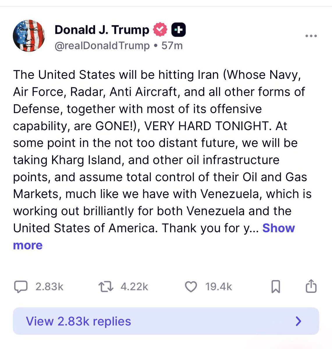 ReplicantAlpha's tweet photo. Thank you @realDonaldTrump for finally doing what should have been done 2 months ago.

Please do not take your foot off the gas; don. It go into the “negotiating stasis” again.  That wasted time was the equivalency of 2 months to flatten the curve.

No sir.. flatten the IRGC. https://t.co/eQIncC6yjY