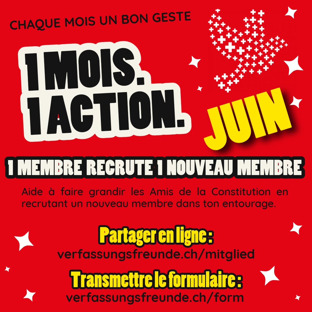 amisconstit's tweet photo. 💪 Chaque mois, un bon geste

👉 Le bon geste du mois de juin : 1 membre recrute 1 nouveau membre

Les Amis de la Constitution vivent grâce à des personnes qui s'engagent pour la liberté, la démocratie et les droits fondamentaux. Plus nous sommes nombreux, plus notre voix est forte.

À toi de jouer :

👥 Parle des Amis de la Constitution à tes amis, à ta famille ou à tes collègues
📬 Partage le lien d'inscription en ligne :
https://t.co/Iw9Hn6V492
📄 Ou transmets un formulaire d'adhésion :
https://t.co/ObDGdxZZLe

Souvent, une simple recommandation personnelle suffit.

Si chaque membre convainc une seule personne, nous doublerons notre force. 🇨🇭